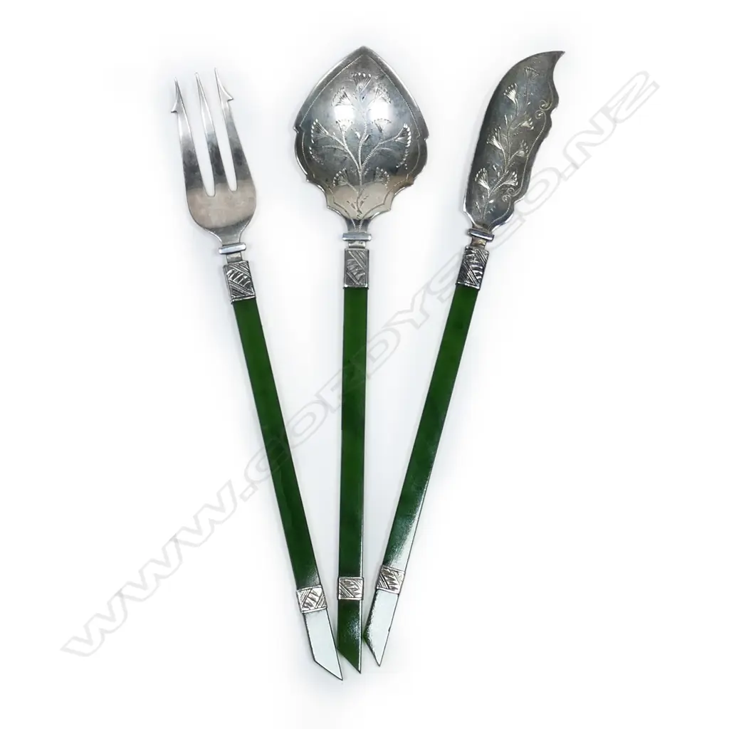 Frank Hyams (Dunedin) silver and nephrite preserve spoon, butter knife and bread fork set, Image 1++